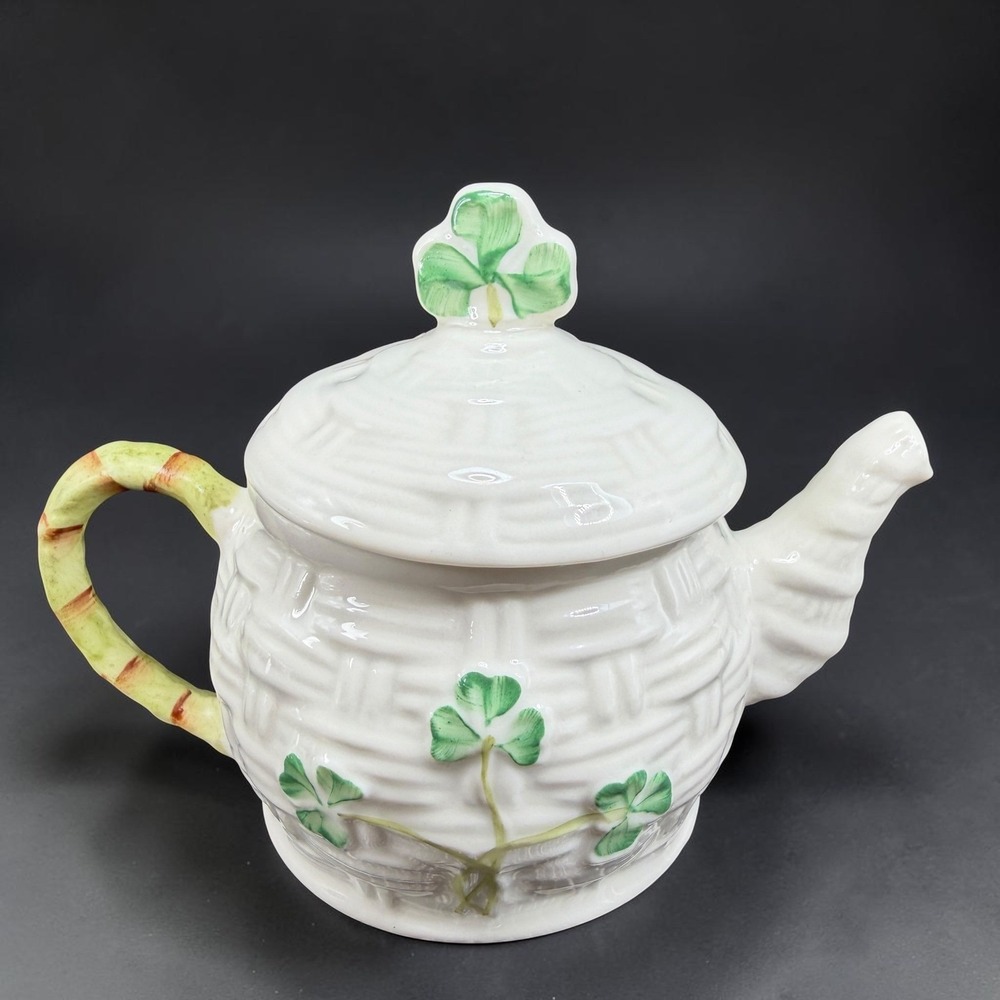 Belleek Ireland Shamrock Basketweave Small Teapot Parian China 3in Tall 5in Wide